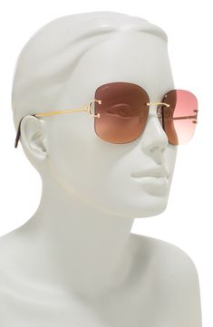 Rimless square sunglasses get their glam from gleaming temples in a sleek, streamlined design. 60mm lens width; 18mm bridge width; 140mm temple length 100% UV protection Nylon Made in France Formal Rimless Shield Sunglasses With Gradient Lenses, Rimless Shield Sunglasses With Gradient Lenses, Luxury Rimless Shield Sunglasses With Gradient Lenses, Formal Rimless Sunglasses With Gradient Lenses, Modern Cartier Sunglasses For Formal Occasions, Elegant Rimless Shield Sunglasses With Gradient Lenses, Elegant Rimless Shield Sunglasses With Mirrored Lenses, Gold Cartier Sunglasses With Gradient Lenses, Cartier Gold Sunglasses With Gradient Lenses