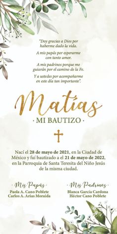 a wedding card with the words matias mi bautizo and flowers on it