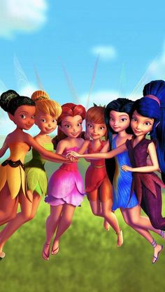 four cartoon girls are flying in the air with their arms around each other and smiling