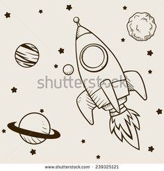 hand drawn rocket with planets and stars in the sky, black and white drawing on beige background