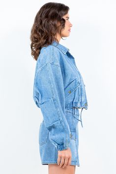 The drawstring waist crop denim jacket with cropped length, zipper front closure, and elastic banded hem and cuff is the perfect combination of style and comfort. You can easily adjust the waist to achieve a flattering fit, while the cropped length adds a trendy touch to your outfit. The zippered front closure offers a sleek and modern look, making this jacket versatile for various occasions. The elastic banded hem and cuff provide a comfortable and secure fit, allowing you to move freely throug Curvy Maxi Dress, Curvy Skirt, Crop Denim Jacket, Curvy Shorts, Crop Top Sweatshirt, Cardigan Sweater Dress, Baywatch, Cropped Denim Jacket, Denim Jacket Women