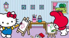 hello kitty is painting in her room