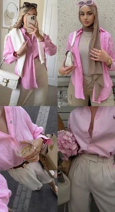 Beige Pink Outfit, Outfit Camisa Rosa, Summer Pastel Outfits, Pink And Beige Outfit, Pink Shirt Outfit, Stylish Outfits Casual, Look Rose, Mode Kimono, Winter Fashion Outfits Casual