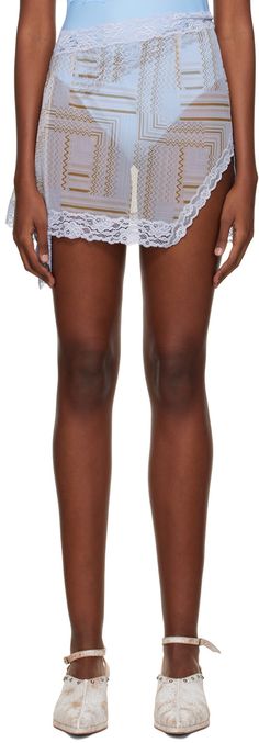 Sheer stretch nylon mesh skirt. Graphic pattern printed throughout. · Vented outseam · Asymmetric hem · Lace trim detailing throughout Available exclusively at SSENSE. Supplier color: Mesh print Blue Denim Skirt, Mesh Skirt, Blue Skirt, Trim Detail, Graphic Patterns, Asymmetric Hem, Lace Shorts, Denim Skirt, Lace Trim