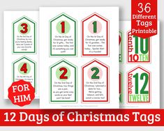 twelve days of christmas tags with the text, 12 different tags printable for free