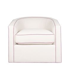 a white chair with pink trimmings on the arm and foot rest, in front of a white background