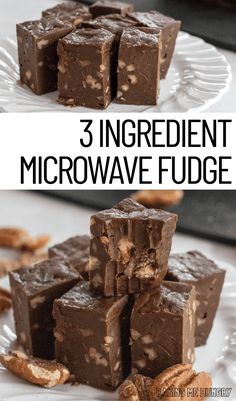 three ingredient microwave fudge brownies stacked on top of each other with the words, 3 ingredient microwave fudge