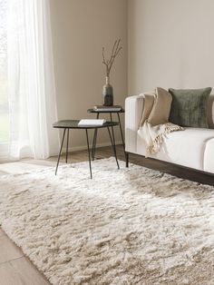 a living room with a white couch and coffee table on top of a shaggy rug