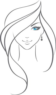 a woman's face with blue eyes and long hair, drawn in black and white