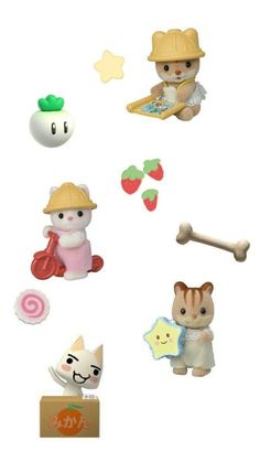 various toy animals and toys are shown in this image, including a cat with a hat