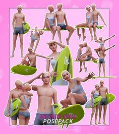 a group of male mannequins with surfboards and boards in various poses