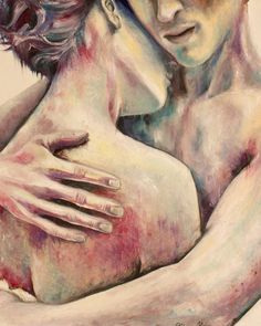 a painting of two people hugging each other with one holding the other's arm