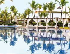 an outdoor swimming pool surrounded by palm trees