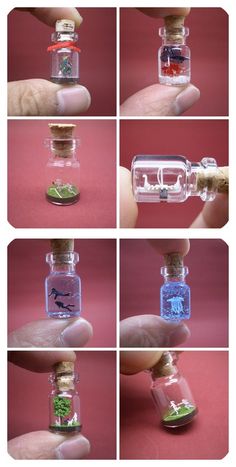 four different shots of tiny bottles with small things inside them