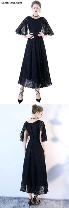 10% off now|Free shipping world-wide. Vintage Chic Black Lace Party Dress Tea Length With Dolman Sleeves at GemGrace. Click to learn our pro custom-made service for wedding dress, formal dress. View #HomecomingDresses for more ideas. Black Lace Dress For Banquet, Elegant Black Lace Dress For Banquet, Formal Dress With Cape, Dress With Cape Sleeves, Black Lace Party Dress, Trendy Dress Styles, Maxi Formal Dress, Dress Tea Length, Dress With Cape