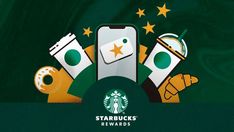 the starbucks logo is surrounded by various items