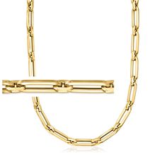 Ross-Simons - Italian 14kt Yellow Gold Alternating Paper Clip Link Necklace. 18". Crafted in Italy from 14kt yellow gold, this paper clip link necklace is the newest must-have. Its minimalistic, sleek design is all the rage and perfect for layering with other on-trend chains. Alternates with petite spacer links for a more pronounced look. Lobster clasp, 14kt yellow gold alternating paper clip link necklace. Formal Yellow Gold Paperclip Bracelet With Figaro Chain, Yellow Gold Paperclip Box Chain Necklace, Formal Yellow Gold Paperclip Bracelet With Box Chain, Classic Yellow Gold Paperclip Chain Necklace, Formal Paperclip Chain Necklace With Box Chain, 14k Yellow Gold Figaro Chain Paperclip Bracelet, 14k Yellow Gold Paperclip Bracelet With Figaro Chain, 14k Gold Paperclip Bracelet With Figaro Chain, Formal Paperclip Box Chain Necklace