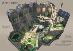 an image of a fantasy castle with lots of rooms and gardens on the roof, surrounded by greenery