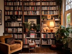 a living room filled with lots of books on top of a wooden shelf next to a window