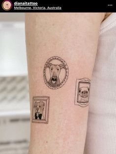 a woman's arm with tattoos on it, including an image of a bear