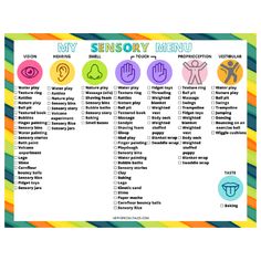 a rainbow colored poster with the words my sensory menu in different colors and symbols