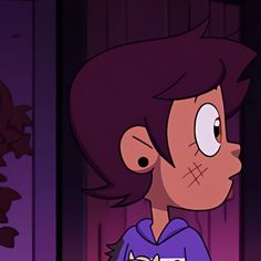 an animated image of a young boy wearing a purple shirt and looking at something in the distance