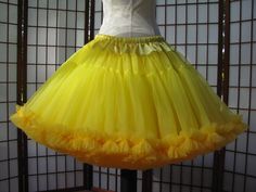 "This listing is for a custom order for a super-full double layer nylon organdy petticoat with satin waist and chiffon bottom ruffles. The pictured petticoat was designed for a 30\" (76cm) waist and is 20\" (51cm) long. It is displayed on a dress form with a 22\" (55cm) waist. You can choose any length you need. I will lengthen each of the tiers to achieve extra length. If you would prefer that I add another tier to achieve extra length, then the price will increase substantially. If you would p Fitted Organza Petticoat With Ruffles, Fitted Spring Organza Petticoat, Spring Fitted Organza Petticoat, Fitted Organza Petticoat For Spring, Sun Yellow, Yellow Skirt, Polyester Satin, Gaming Clothes, Dress Form