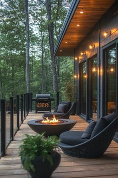 a fire pit sitting on top of a wooden deck