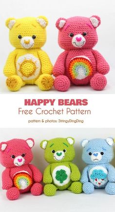 three crocheted teddy bears sitting next to each other with the caption happy bears free crochet pattern