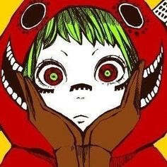 a drawing of a person with green hair and red eyes holding their hands up to the camera