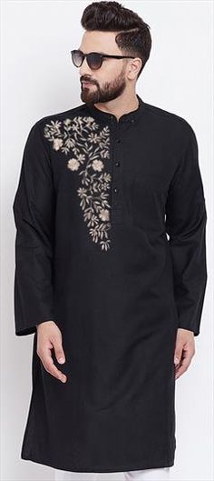 Black and Grey color Kurta in Cotton fabric with Embroidered, Thread work Black Embroidered Cotton Kurta, Traditional Black Cotton Embroidered Fabric, Traditional Black Embroidered Cotton Fabric, Party Wear Kurta, Engagement Reception, Reception Lehenga, Thread Work, Grey Color, Salwar Kameez