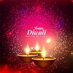 happy diwali festival with three lit candles on shiny red and pink background illustration