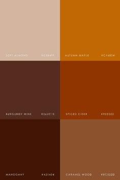 four different shades of brown, orange, and tan color palettes with the same name on them