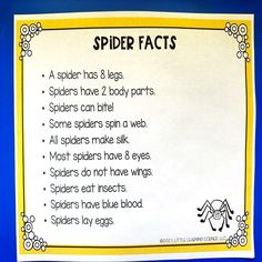 a spider fact is shown on a blue background with yellow border around the words and numbers