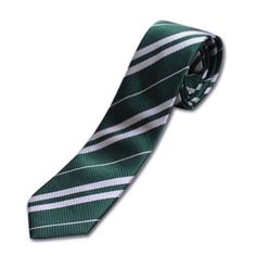 a green and white striped tie on a white background