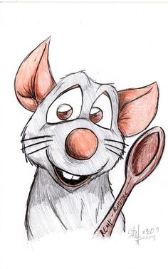 a drawing of a cartoon mouse holding a spoon and looking at the camera with its mouth open