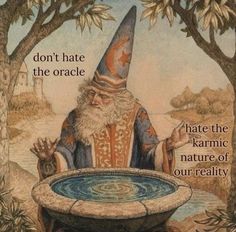 an image of a wizard holding a bowl with water in it and the caption don't hate the oracle