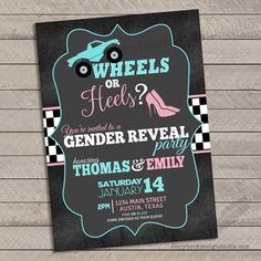 this is an image of a gender reveal party with a car and checkered background