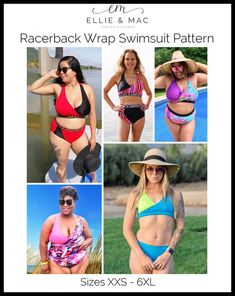 four different pictures of women in swimsuits and hats