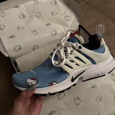 Blue and white Hello Kitty Nike Prestos #HelloKitty #NikePresto Hello Kitty Nike, Nike Prestos, White Hello Kitty, Nike Presto, Women's Sneakers, Womens Sneakers, Hello Kitty, Blue And White, Kitty