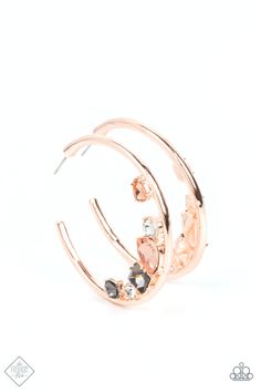 Featuring vivacious peach, white, and smoky rhinestones, a mashup of mismatched gems gather along the bottom edge of a smooth rose gold hoop, creating an extravagant lure. Earring attaches to a standard post fitting. Hoop measures approximately 1 3/4" in diameter. Sold as one pair of hoop earrings. Paparazzi Fashion, Rose Gold Fashion, Rose Gold Hoop Earrings, Rose Gold Band, Paparazzi Accessories, Paparazzi Jewelry, Rose Gold Earrings, Gold Hoops, Gold Hoop