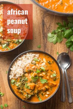 two bowls of african peanut soup with white rice and garnishes on the side