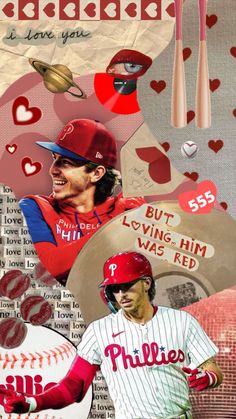 a collage of baseball players with hearts and words on the wall in front of them