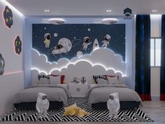 two beds in a room with black and white rugs on the floor, one is made to look like an astronaut's space shuttle