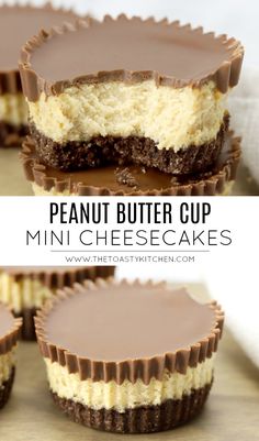 mini cheesecakes with chocolate frosting are stacked on top of each other and the words, peanut butter cup