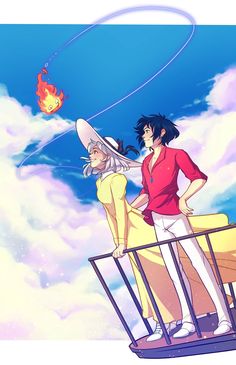 two people standing on top of a balcony next to each other with a fire in the sky behind them