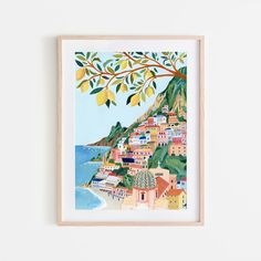 a painting on a white wall with a tree in the foreground and houses along the shore