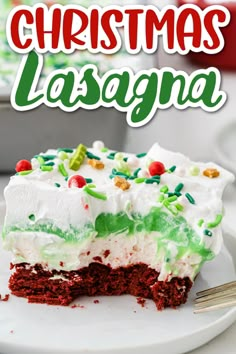 a slice of christmas lasagna on a white plate with the title overlay