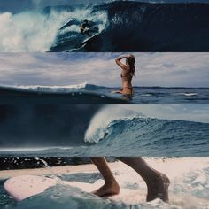 two pictures of people in the water and one is on a surfboard with a wave behind them