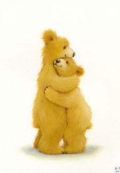 two teddy bears hugging each other in front of a white background with words written below